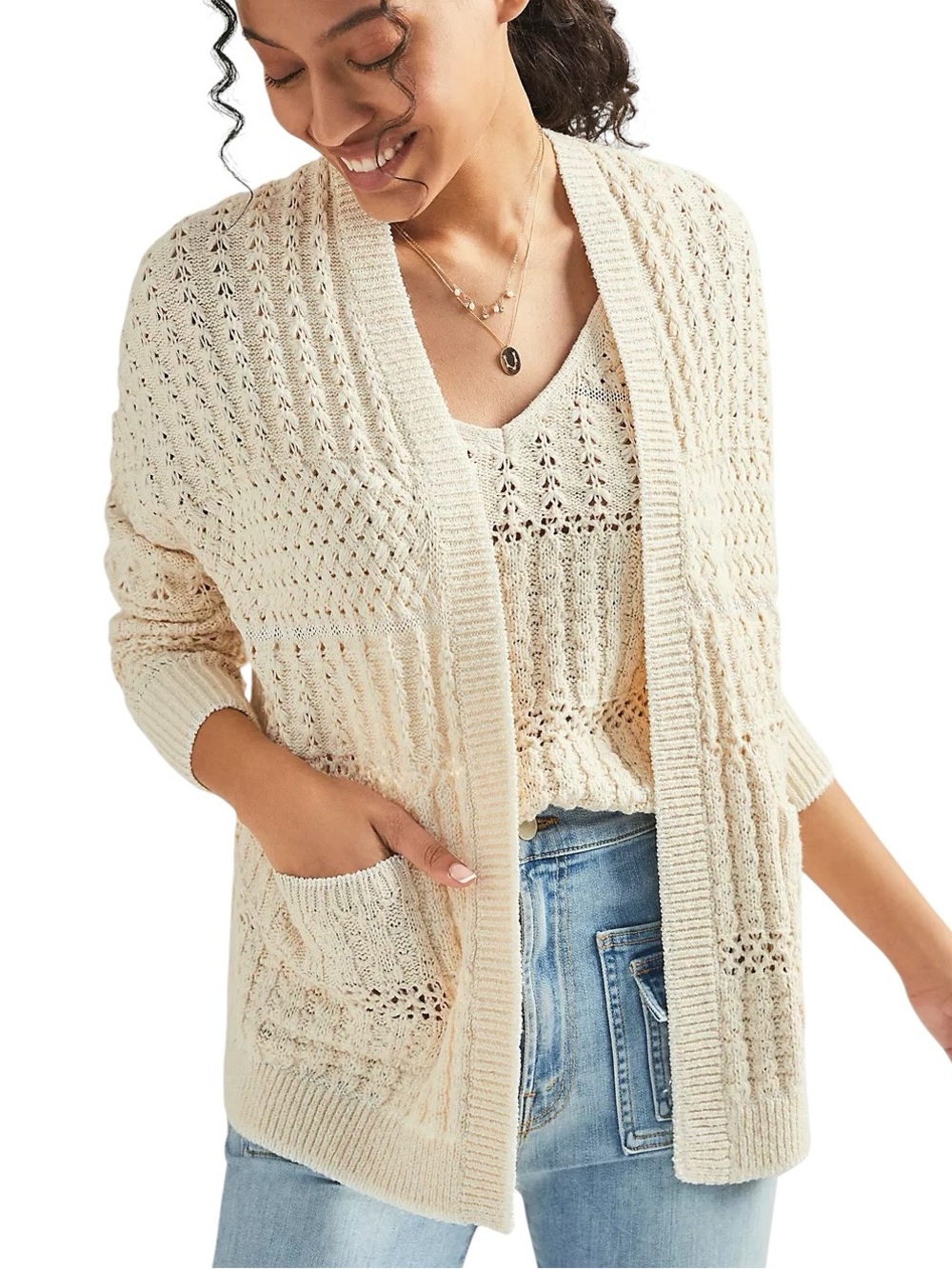 By Anthropologie Rea Cream & White Open Front Knit Cardigan - S
